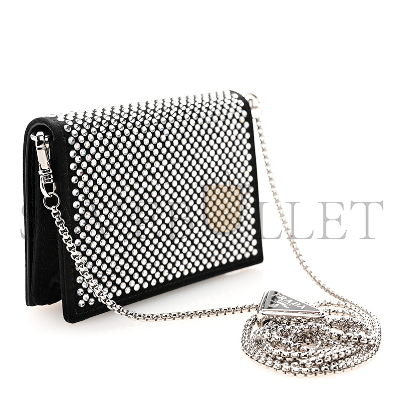 PRADA SATIN CRYSTAL METAL TRIANGLE LOGO CARD HOLDER WITH STRAP CRISTAL 1MR024 (11.5*8cm)